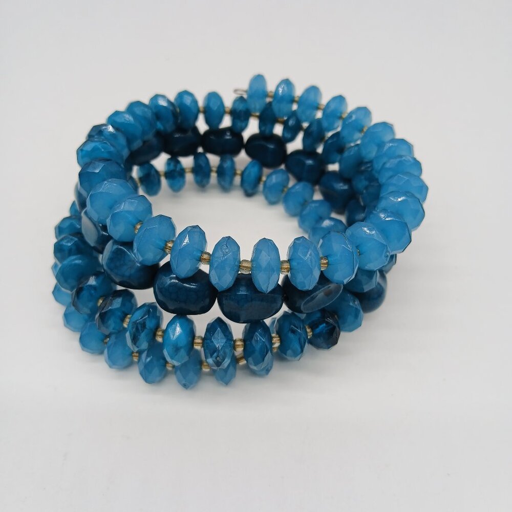 Vintage Spiral Memory Wire Blue Acrylic Beaded Coil Bracelet